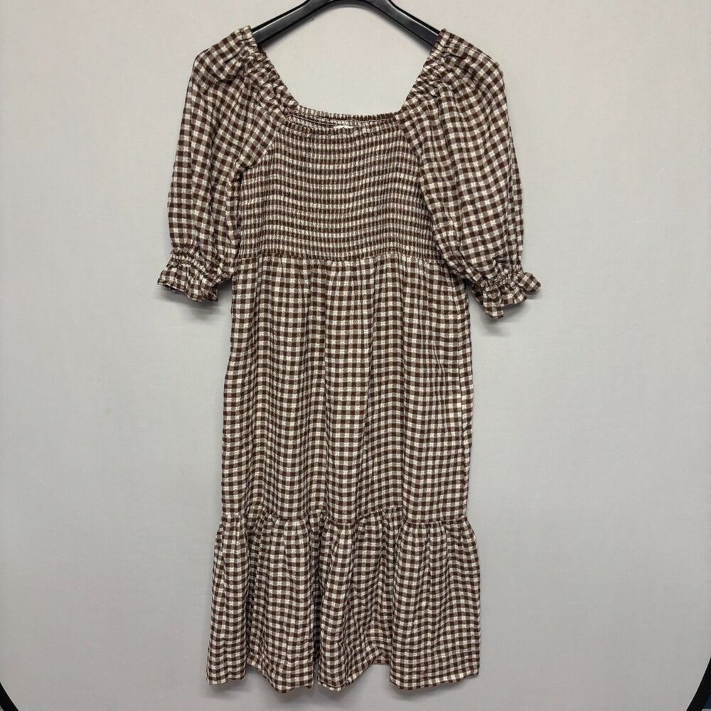 Madewell Size Medium Lucie Elbow Sleeve Smocked Midi Dress Gingham FA21 C139 -19